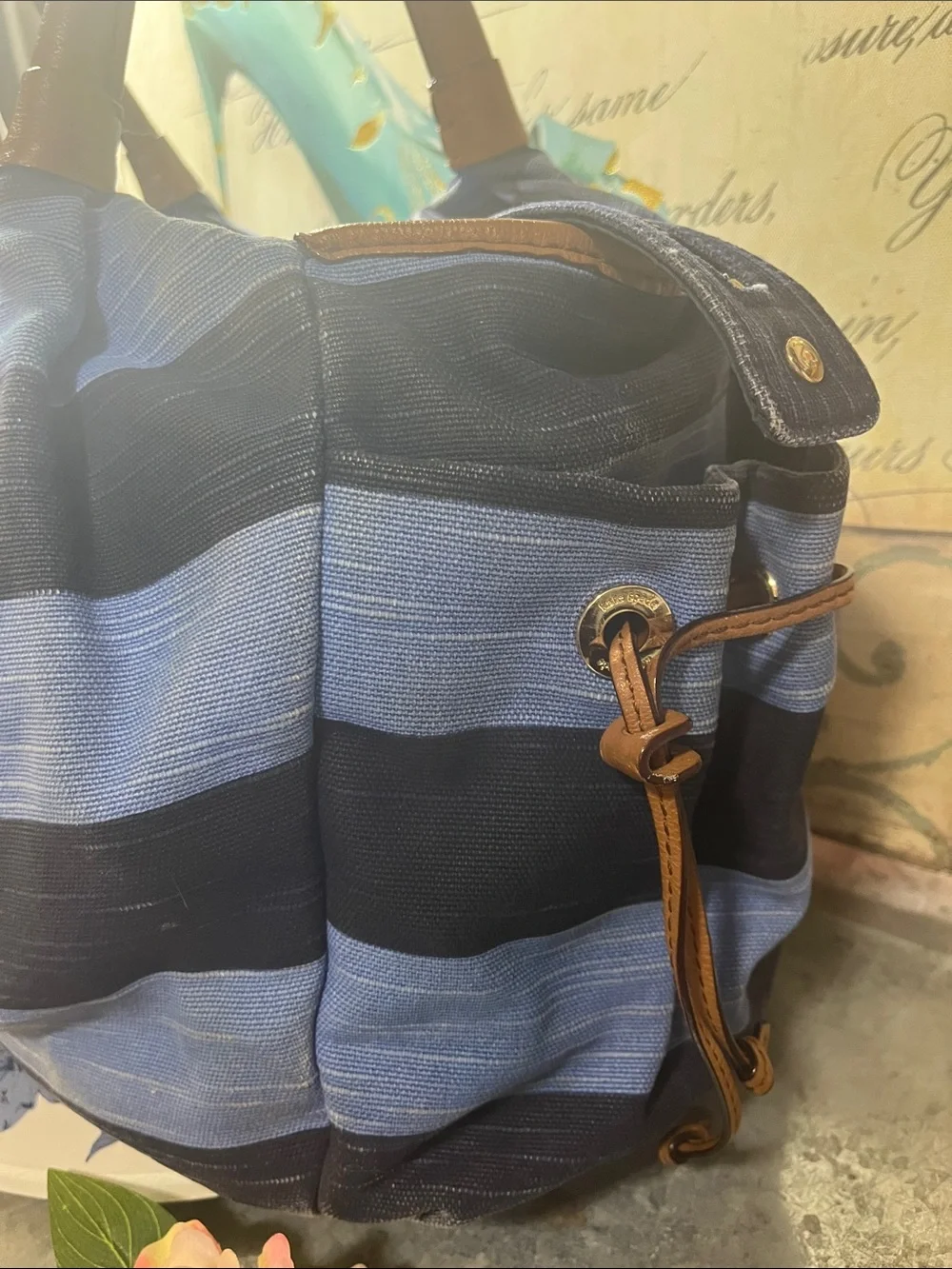 kate spade Blue and Navy Striped Tote with Brown Handles